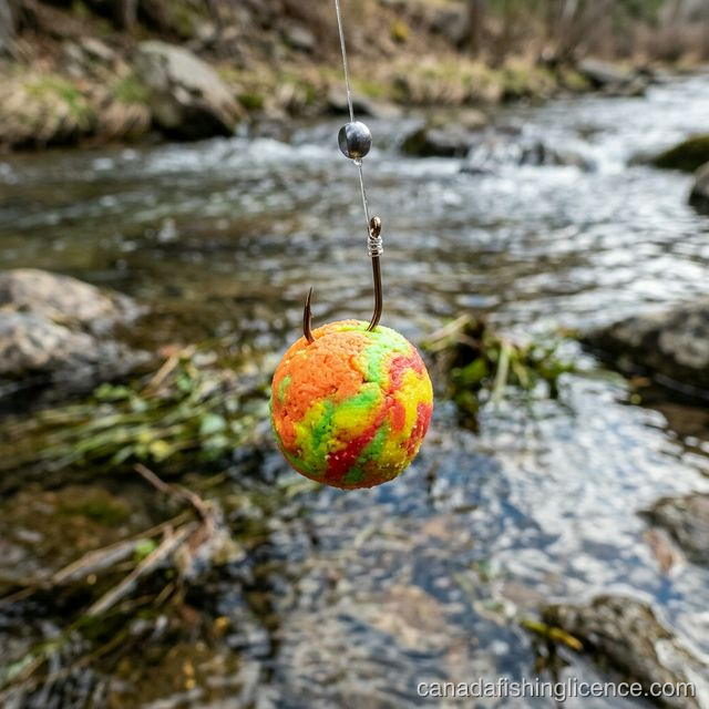 Close up of a brightly colored PowerBait dough on a small fishing hook ready for catching stocked rainbow trout