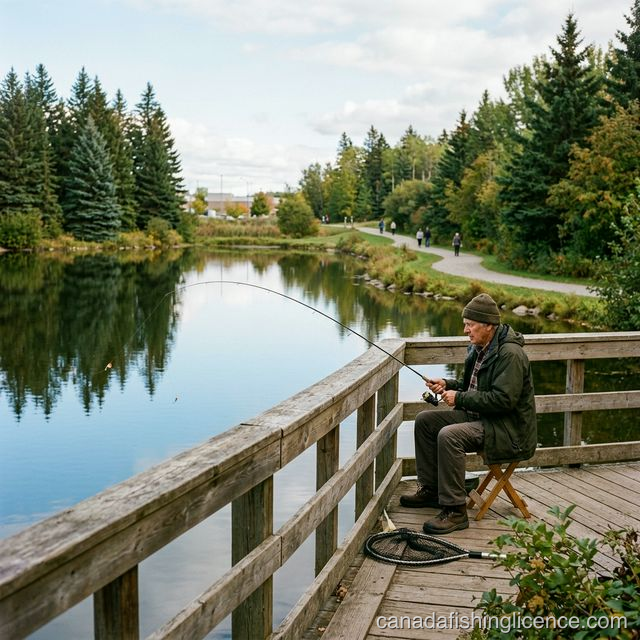 An angler fishing at an urban park pond with a city skyline in the distance