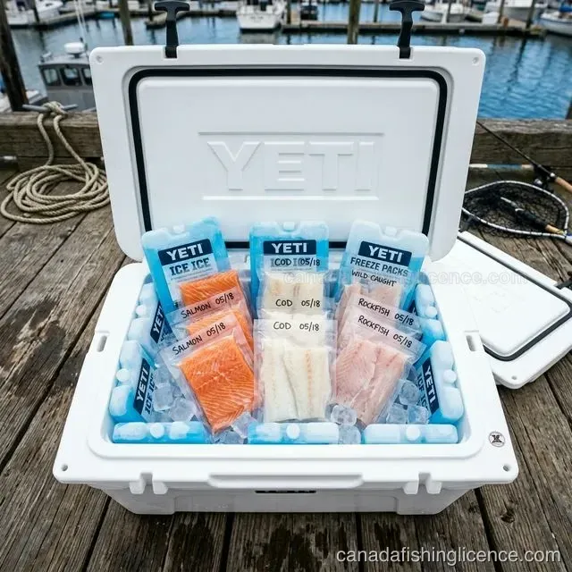 A cooler packed neatly for a fishing trip return with fish and travel supplies organized separately
