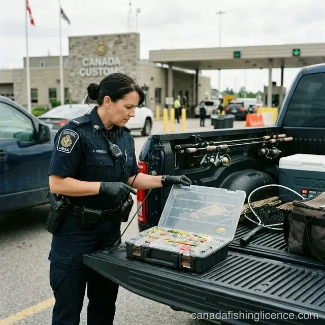 Fishing rods, tackle, and travel gear laid out neatly in a vehicle before a border crossing