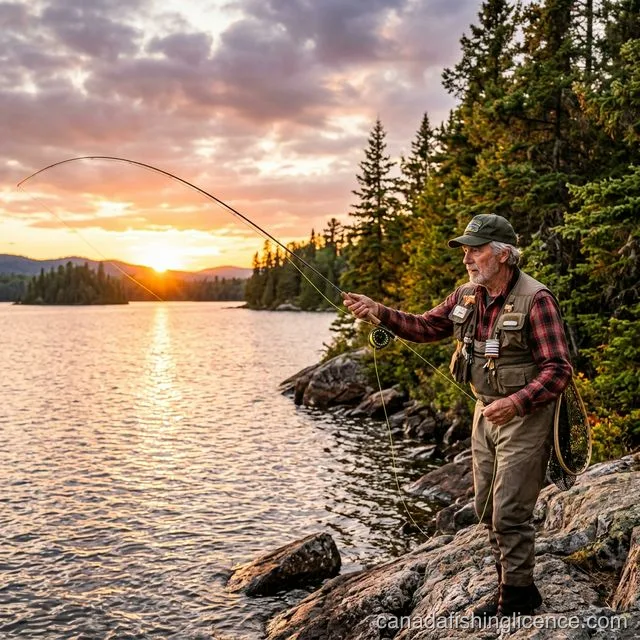 A senior angler in a fishing vest casting a fly rod from a rocky Canadian Shield shoreline at golden hour sunset
