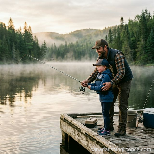 A father standing behind his young daughter on a misty Canadian lake dock, guiding her hands on a fishing rod at dawn