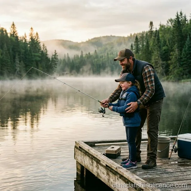 An adult helping a young child hold a fishing rod on a misty Canadian lake dock at dawn