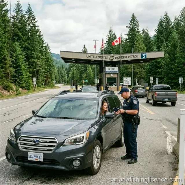 A professional land border crossing checkpoint with vehicles lined up before a fishing trip