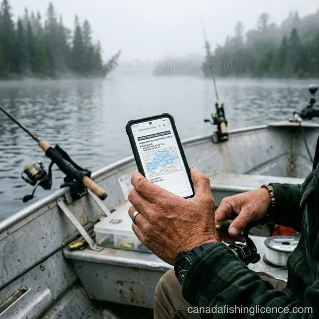 An angler holding a phone with a saved fishing licence document beside a lake