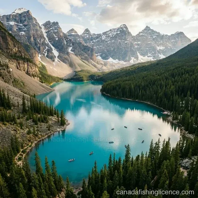 Aerial view of a turquoise mountain lake surrounded by pine forests with fishing boats