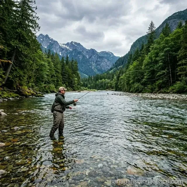An angler fly-fishing in a crystal-clear river surrounded by mountains and old-growth forest