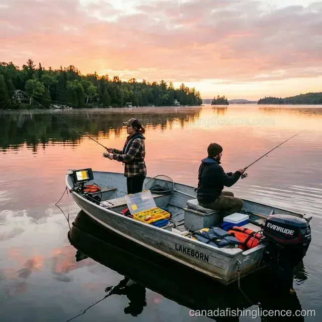 Two anglers casting from an aluminum motorboat on a calm Canadian lake at dawn