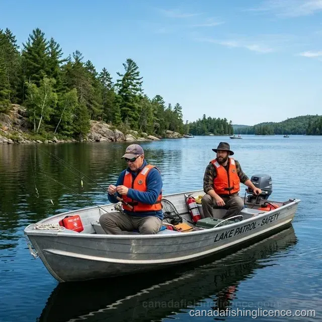 Two anglers in a fishing boat wearing life jackets on a Canadian lake with safety equipment