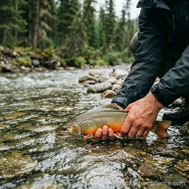 An angler gently releasing a brook trout back into a Canadian stream