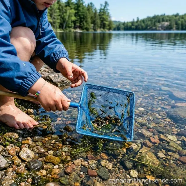 Close-up of a child's hands holding a small blue dip net at the edge of a calm Canadian lake, exploring pebbles and minnows