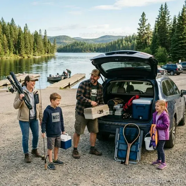 A Canadian family unloading fishing gear from their car at a scenic lake recreation area