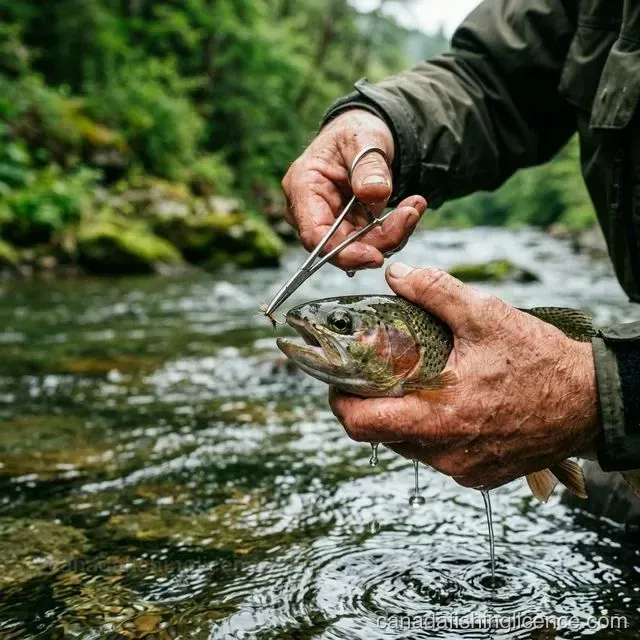 Close-up of removing a barbless hook from a rainbow trout over water