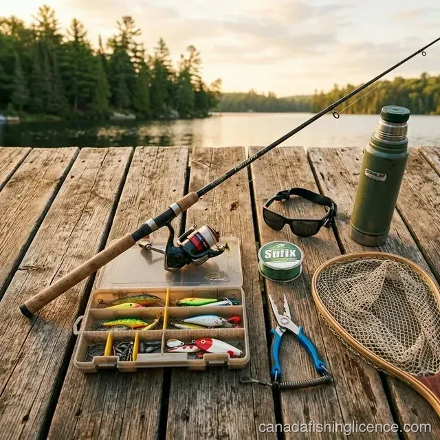 A flat-lay of essential fishing gear including a rod, tackle box, lures, pliers and net on a dock
