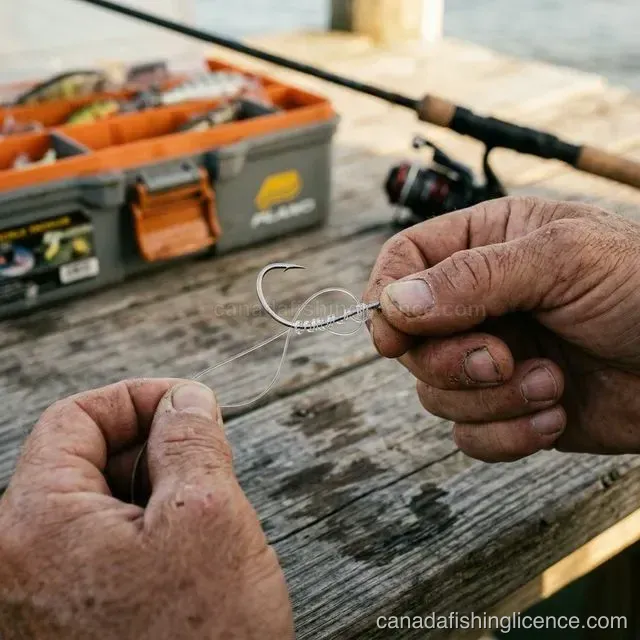 Close-up of hands tying an improved clinch knot on a fishing hook with monofilament line