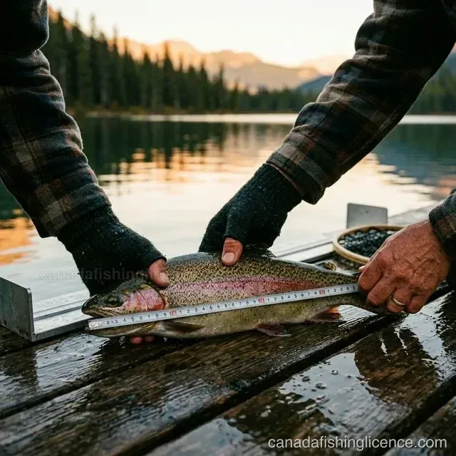 An angler measuring a rainbow trout on a dock beside a Canadian lake at sunset