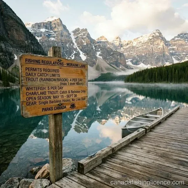 Fishing regulations sign at a scenic Canadian mountain lake with catch limits and seasons