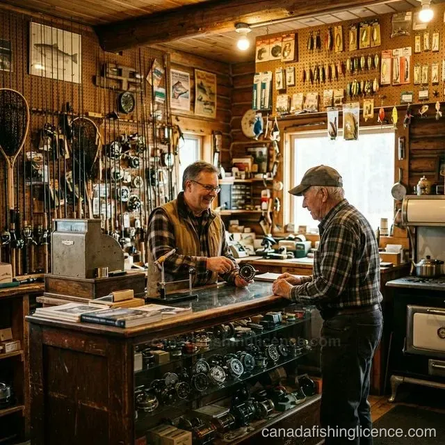 Inside a classic Canadian fishing tackle shop with rods, reels, and lures on display