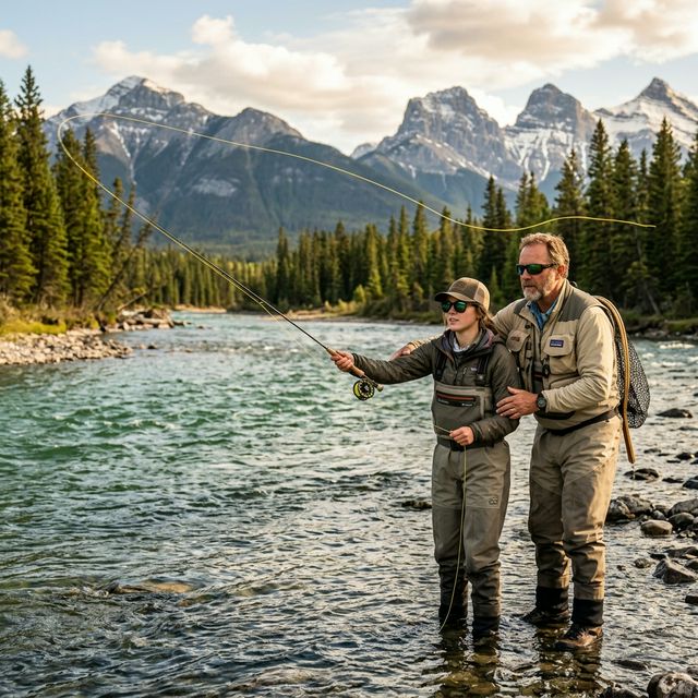 A fly fishing instructor teaching a student the roll cast technique on a scenic Canadian Rocky Mountain river