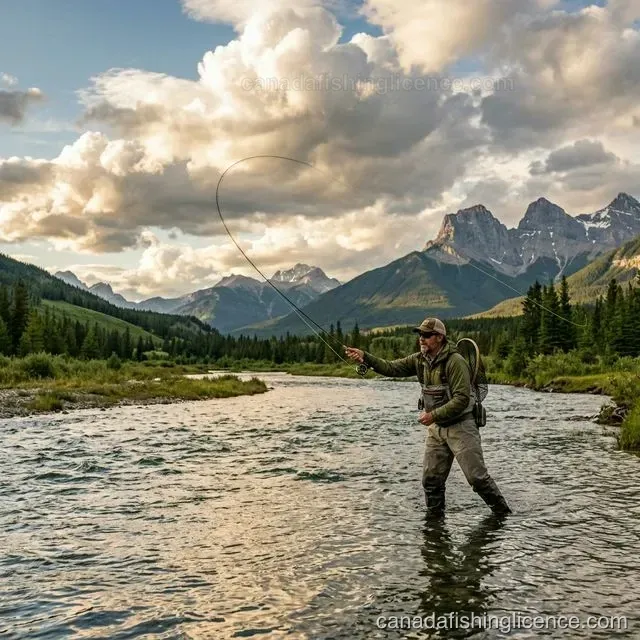 A fly angler casting on a western Canadian river with mountain scenery