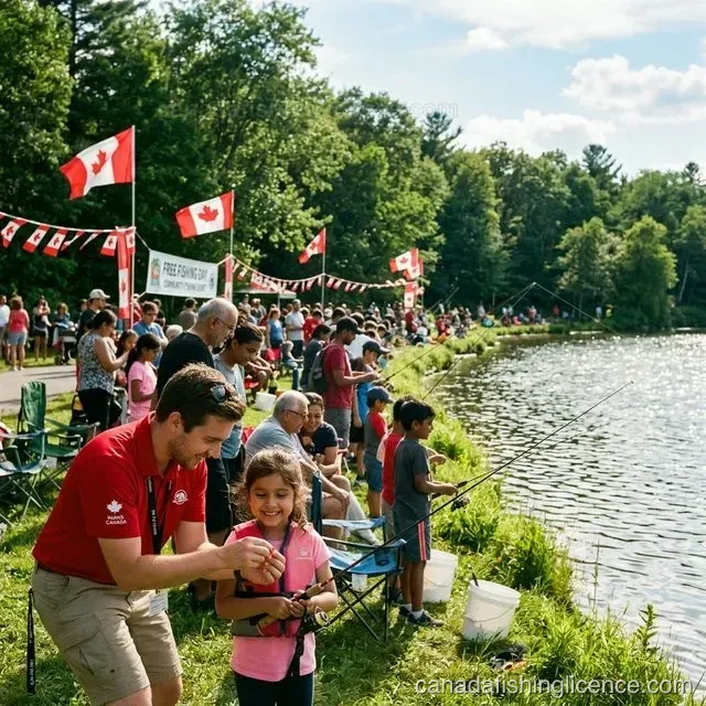 A busy free fishing day event at a Canadian park with families fishing from a grassy shoreline