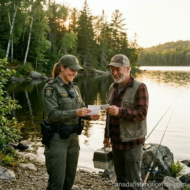 A Conservation Officer checking a fishing licence beside a Canadian lake at golden hour