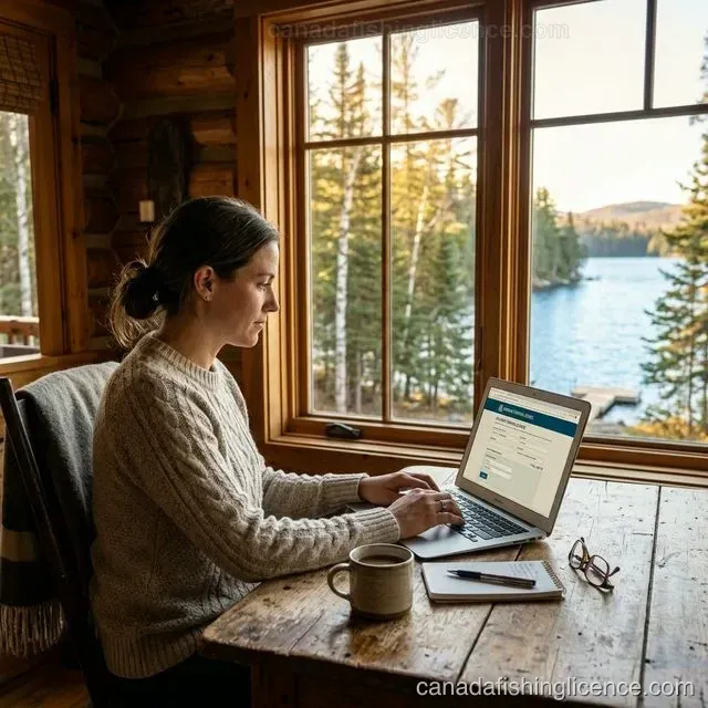 A person purchasing a fishing licence online from a lakeside cabin in Canada