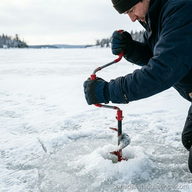 A closely cropped view of a person wearing winter gear, using a hand ice auger to drill a hole in a frozen Canadian lake