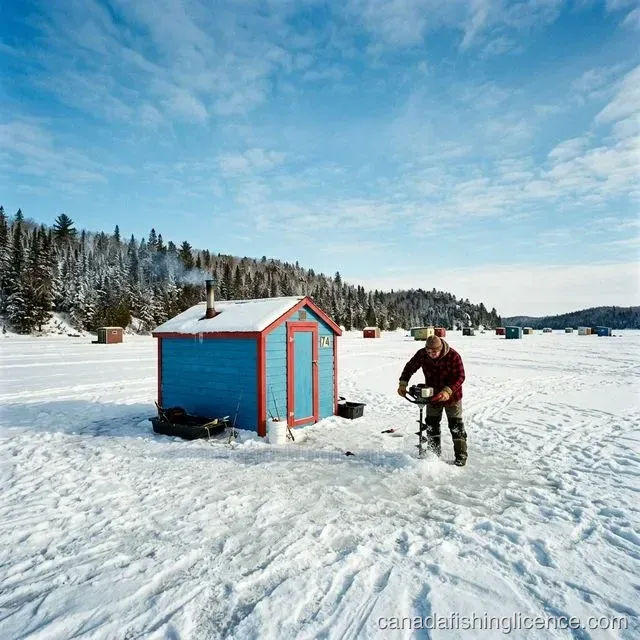 A colorful ice fishing hut on a frozen Canadian lake with an angler drilling a hole nearby