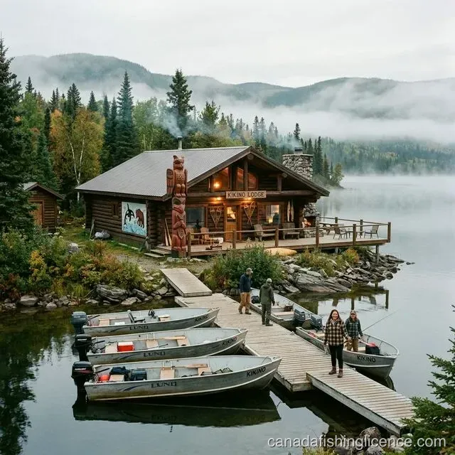 A rustic Indigenous-owned fishing lodge with dock and boats on a remote Northern Canadian lake