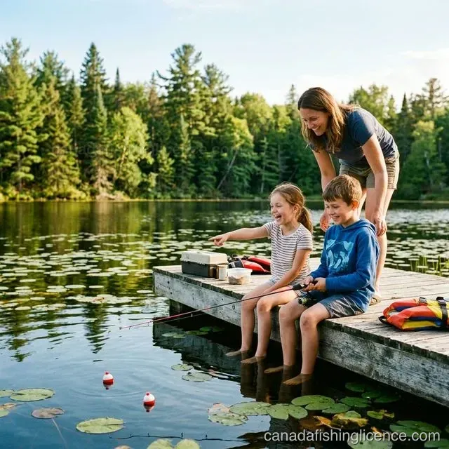 Children fishing from a wooden dock at a calm Canadian lake with their parent on a summer day