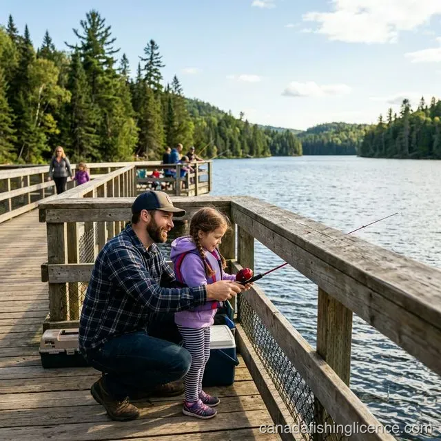 A Canadian father and his young daughter fishing from a secure wooden public pier with railings at a sunny provincial park lake