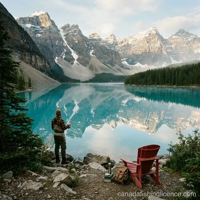 Angler fishing on a mountain lake in a Canadian national park