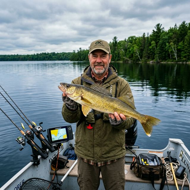 A proud angler holding a single golden walleye on a boat on a Canadian lake with autumn-colored trees
