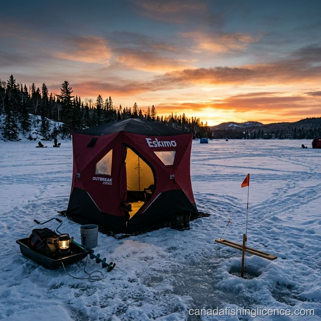 A cozy, high-quality portable pop-up ice fishing shelter on a frozen Canadian lake at sunset with a nearby tip-up