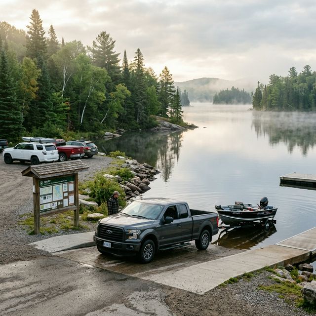 Public boat launch ramp and shoreline access beside a Canadian lake