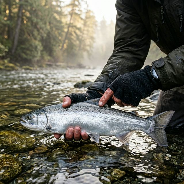 An angler carefully examining the adipose fin area on a silver Pacific salmon in a misty British Columbia river