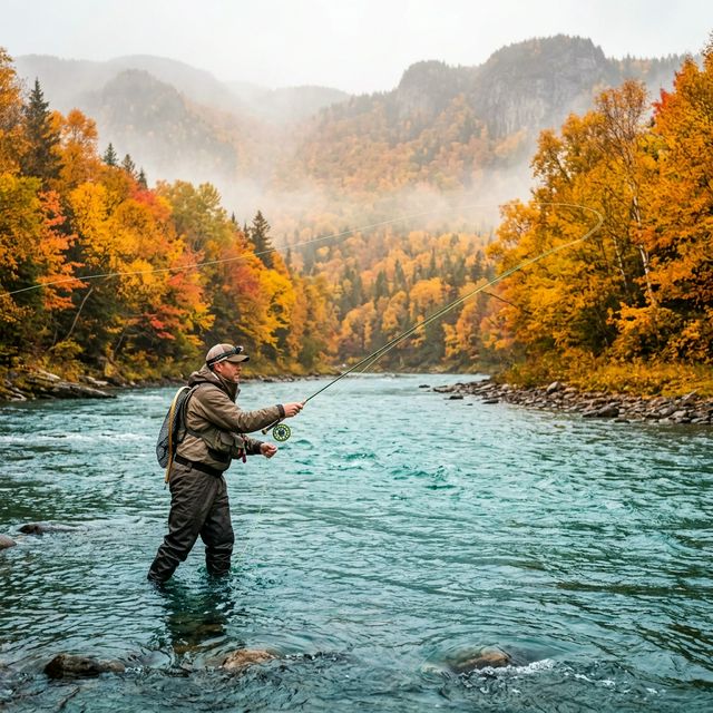 A fly fisherman casting in a turquoise Quebec river surrounded by golden autumn maple foliage during Atlantic salmon season