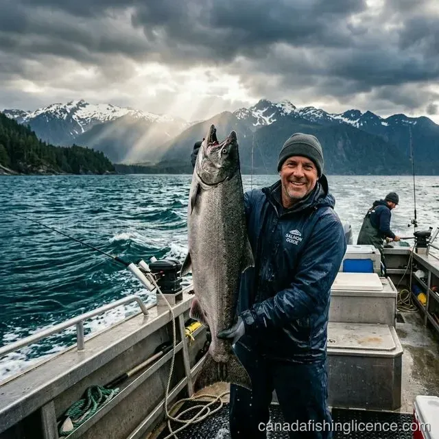 An angler holding a large Chinook salmon on a charter boat off the British Columbia coast