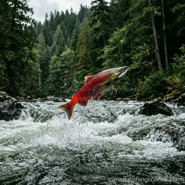 A wild Pacific salmon leaping out of rushing rapids during the annual salmon run in British Columbia