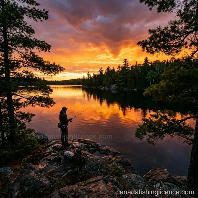 An angler shore fishing from a rocky point on a Canadian Shield lake at sunset