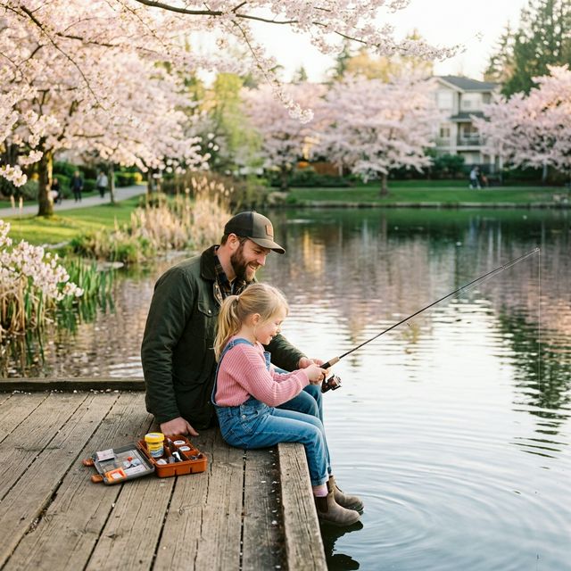A father and daughter fishing together on a wooden dock at a cherry blossom-lined stocked urban park pond