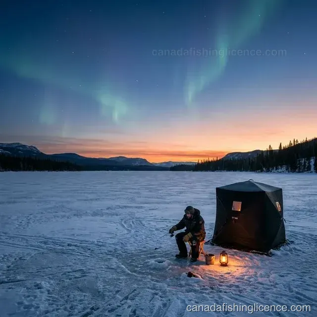 An angler ice fishing under northern lights on a frozen Canadian lake at twilight