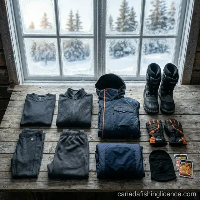 A neatly organized flat-lay of winter ice fishing clothing layers on a wooden table