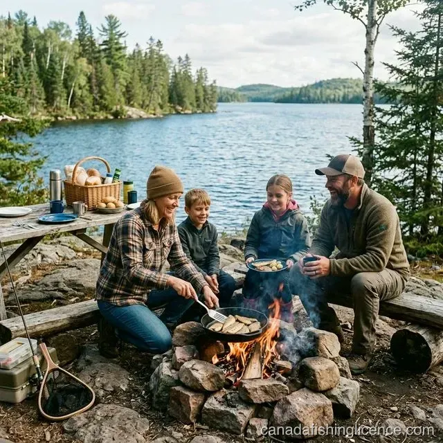 A family enjoying a shore lunch, cooking freshly caught fish over a campfire near a Canadian wilderness lake