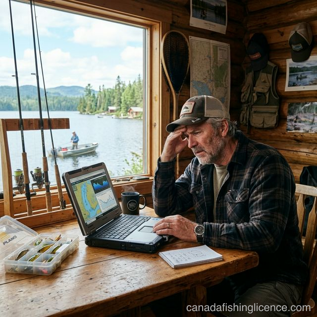 Angler looking frustrated at a laptop computer while trying to buy a Canadian fishing licence, sitting in a rustic wooden lakeside cabin