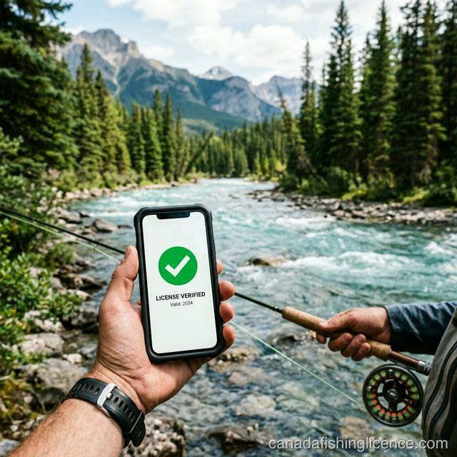 Close-up of an angler hand holding a smartphone showing a digital fishing licence on screen beside a river