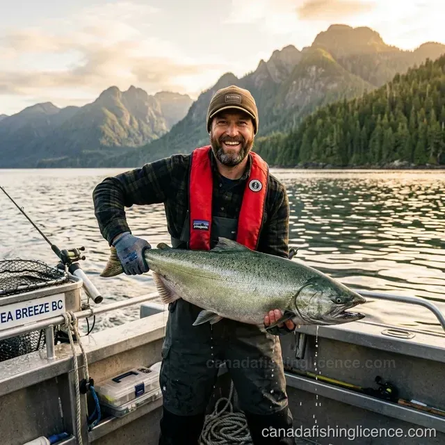 An angler holding a large Pacific Chinook salmon on a fishing boat in British Columbia's coastal waters at golden hour