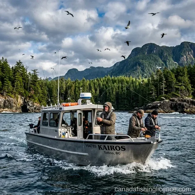 A fishing charter boat on the Pacific ocean near Vancouver Island, British Columbia — anglers casting lines into tidal saltwater with rocky forested coastline and seabirds overhead