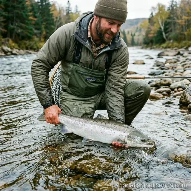 Angler releasing a salmon in a Nova Scotia river